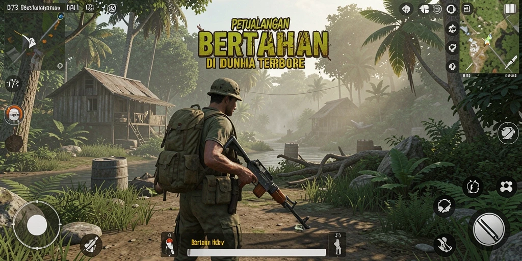 Screenshot D73 menunjukkan petualangan bertahan hidup yang mendebarkan.